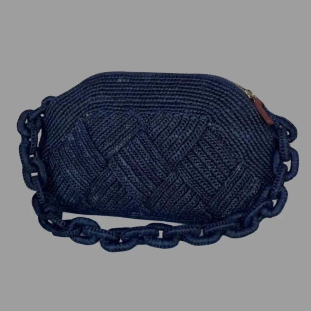 SEZANE Navy Blue Woven Braided Raffia Shoulder Bag Chain Link Strap Isabelle Bag - Picture 6 of 14